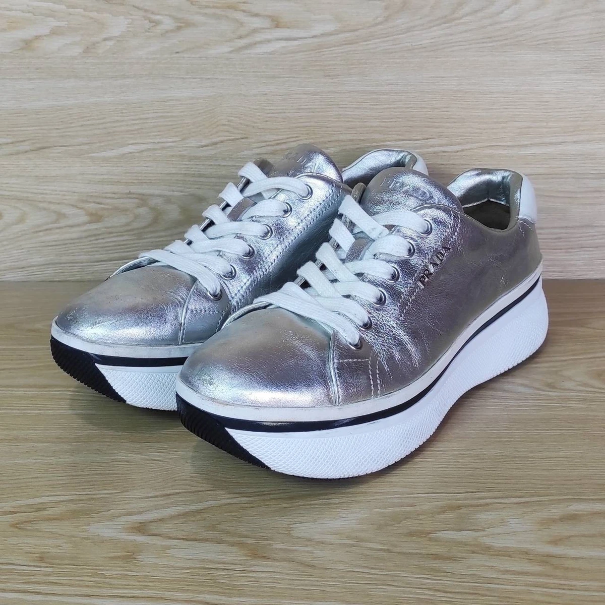 Prada Metallic Silver Leather Low Top Sneakers, size 38.5 Prada Women main image 2