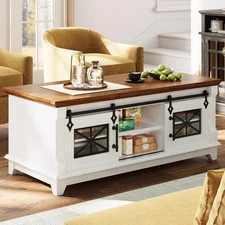 48'' Coffee Table with Sliding Barn Doors, Rustic Center Table with 6 Large S...
