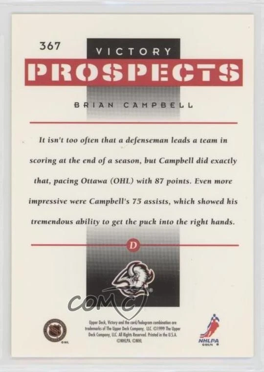 1999-00 Upper Deck Victory Victory Prospects Brian Campbell #367 Rookie RC - Image 2 of 2