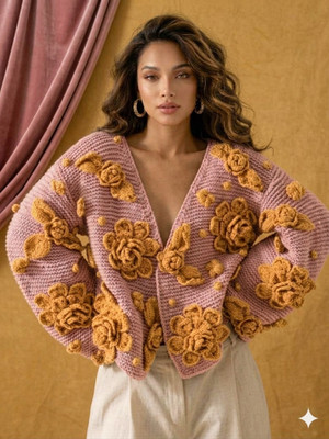 Handarbeit rote Häkel Strickjacke Oversize Pullover 3D Blumen Rose Grobstrick