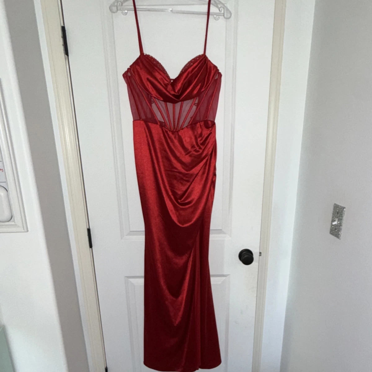 red evening dress ebay Red Shimmery Velvet Sleeved Square Neck Formal Dress