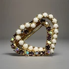 VTG. Purple AB Aurora Borealis & Milk Glass Interlocking Heart Brooch 1.25in.