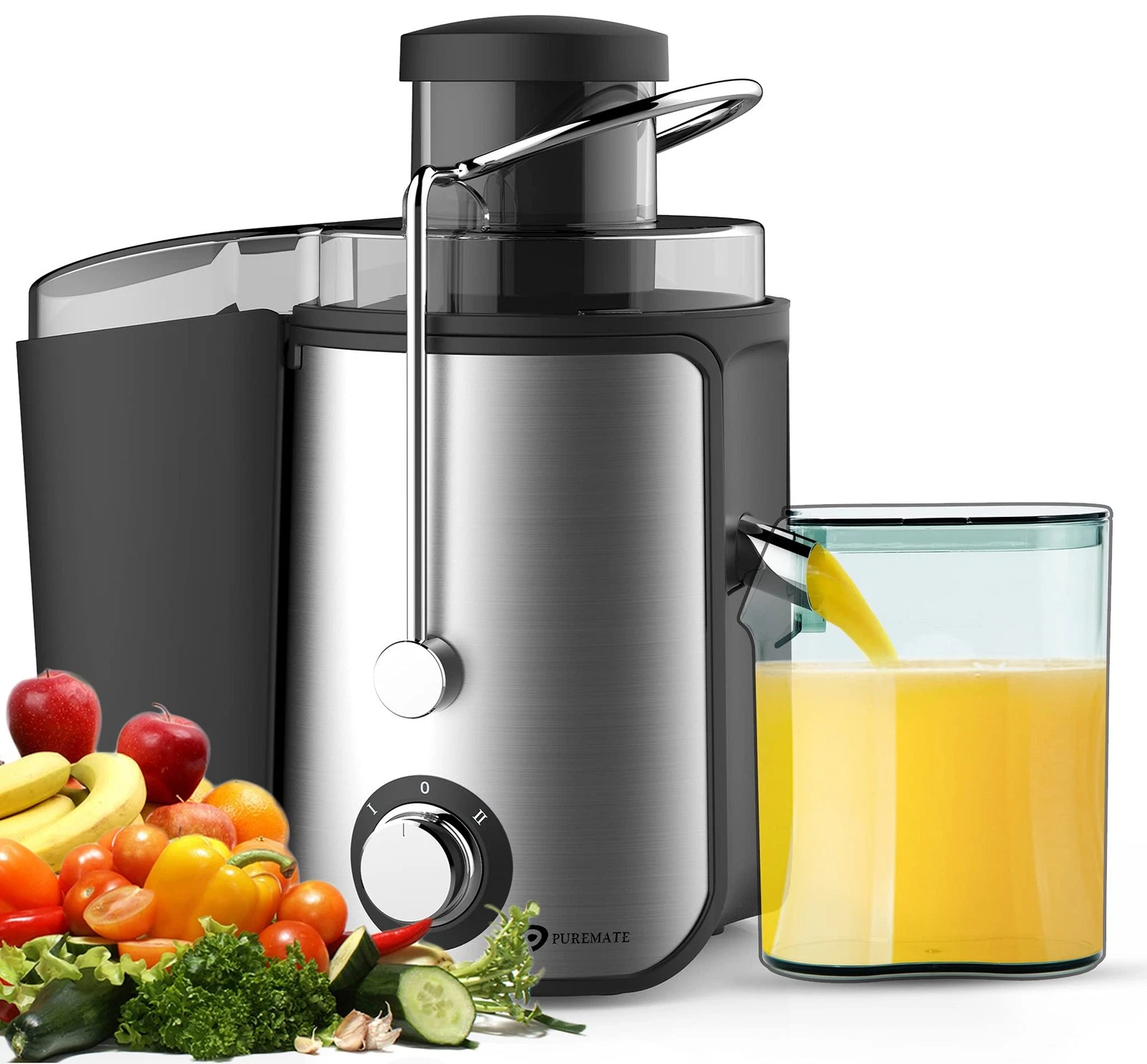 PureMate Juicer Machines, 600W Whole Fruit and Vegetable Juice 600W, Silver