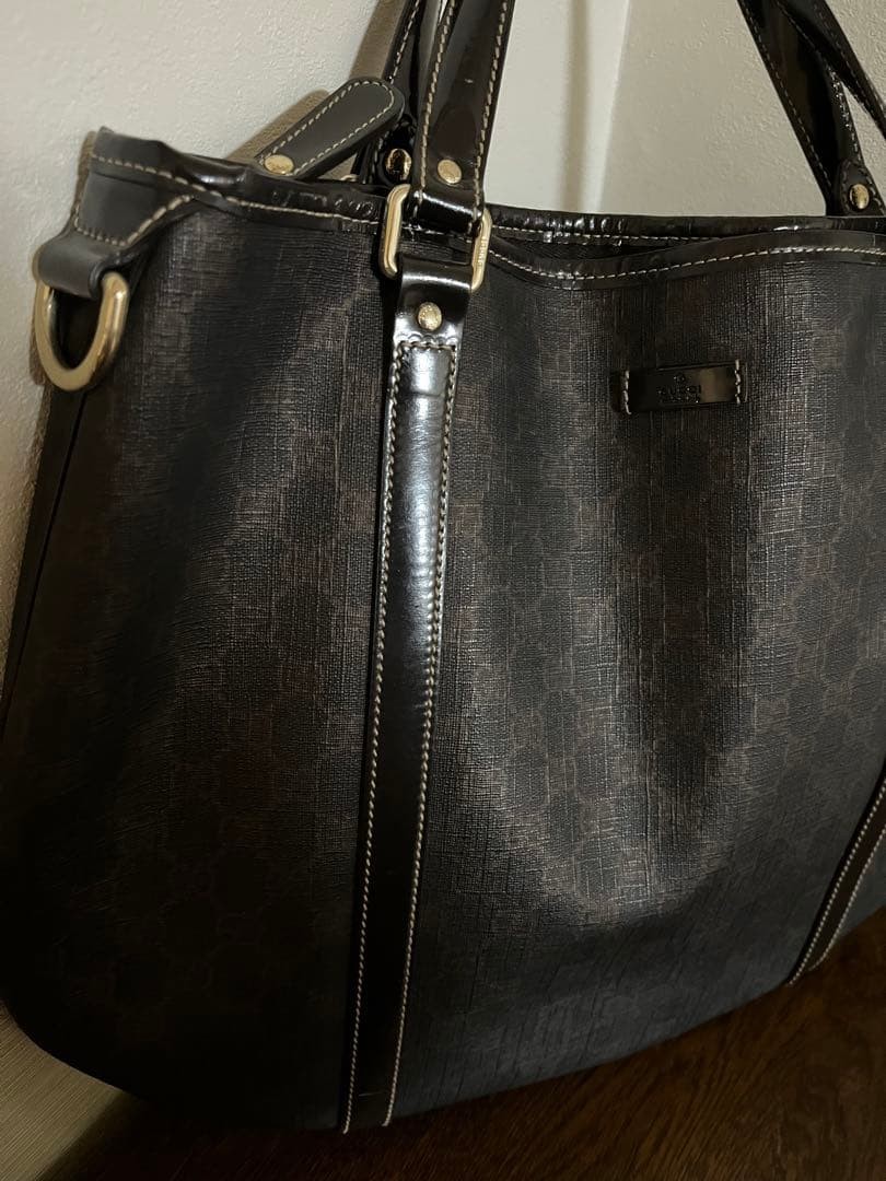 GUCCI Tote Bag Dark Gray Synthetic Leather Honeycomb Pattern Authentic thumbnail 5
