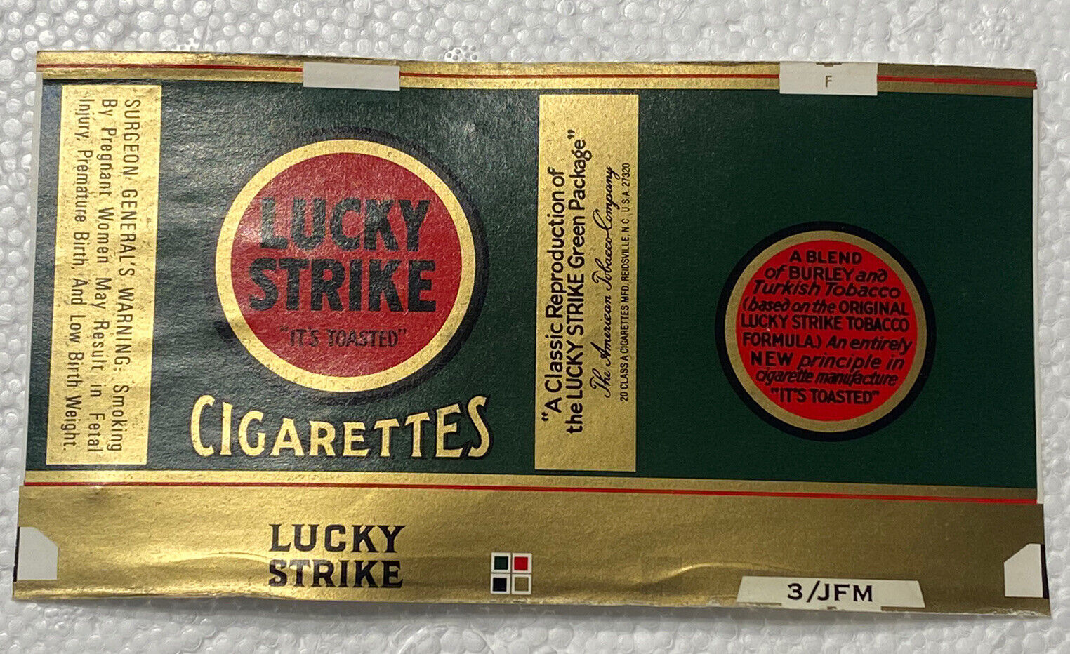 Vtg 1940s Repro Green Lucky Strike Cigarettes Empty Pack Package