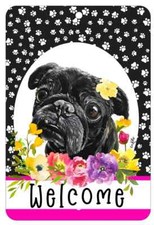 Pug Black Aluminum Indoor/Outdoor Paw Prints Welcome Sign