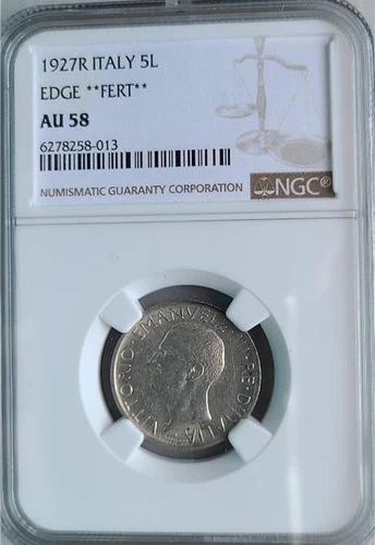Italy 5 Lire 1927R Edge "FERT" NGC AU 58