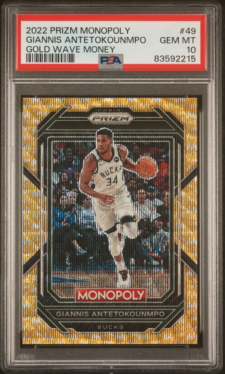 2022-23 Monopoly Prizm Giannis Antetokounmpo Gold Wave Money Prizm /10 PSA 10