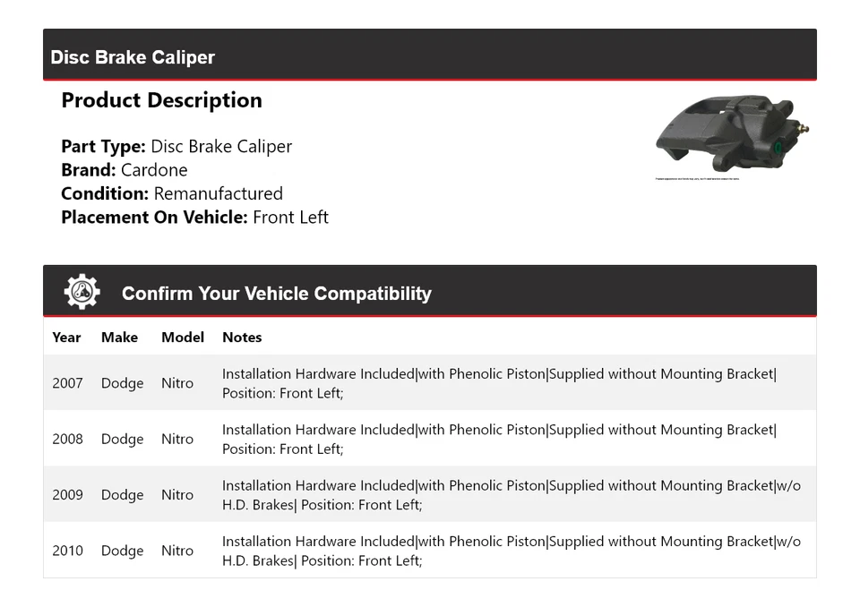 Pinza de freno de disco delantera izquierda Cardone 2008 2009 para Dodge Nitro 2007-2010 Foto 2 de 4