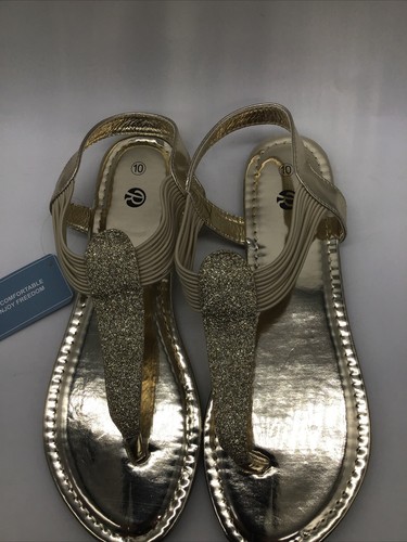 Rekayla Women’s Gold Sparkly Strappy Elastic Dressy T Strap Flat Sandals Sz. 10M - Picture 12 of 17
