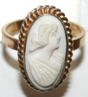 ANTIQUE ANGEL SKIN CORAL CAMEO LADY PROFILE HAND MADE OVAL SILVER GOLD PL. RING
