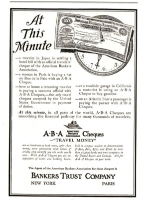 1923 ABA CHECQUES  / BANKERS TRUST CO. PRINT AD, TRAVELERS, AMERICAN BANKERS, AD