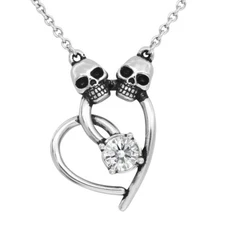 Stainless Steel Double Skull Heart Necklace white crystal 17"- 19" by Controse