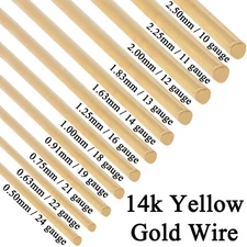 14K Solid Yellow Gold Round Wire Half Hard 1 Inch 10ga - 24 Gauge 0.5mm - 2.5mm