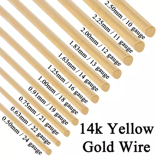 14K Solid Yellow Gold Round Wire Half Hard 1 Inch 10ga - 24 Gauge 0.5mm - 2.5mm