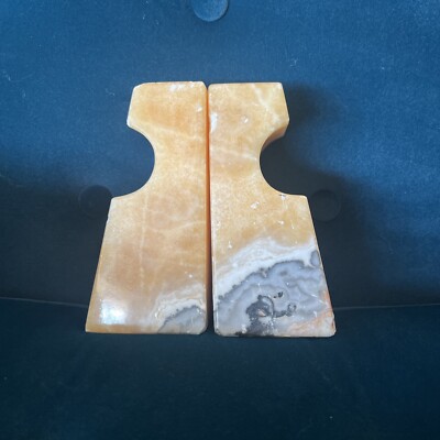 MCM Polished Marble Bookends Unique Shape  Orange/black Gray Bookmatched