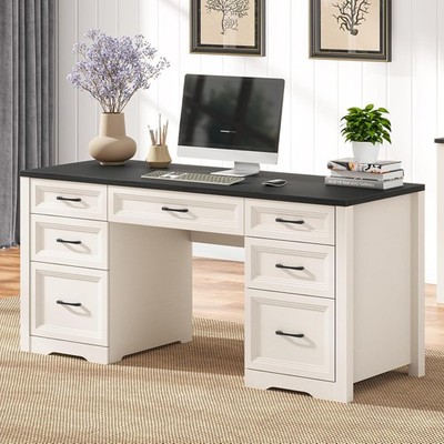 Farmhouse Executive Desk with File Drawer, Home Office Desk with Ample Storage,