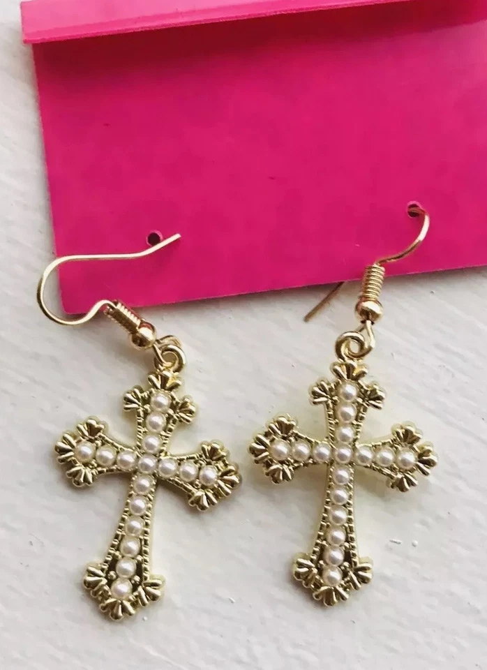 Pendientes colgantes crucifijo de perlas crucifijo esmalte amarillo Betsey Johnson nuevos con etiquetas Foto 3 de 4