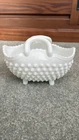 Fenton Milk Glass Hobnail Oval Basket Dish White Applied Handle