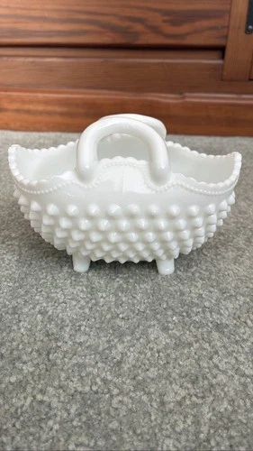 Fenton Milk Glass Hobnail Oval Basket Dish White Applied Handle