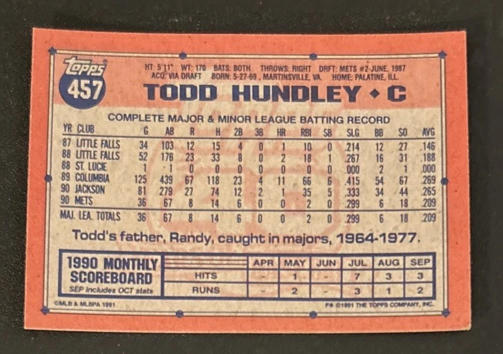 1991 Topps Todd Hundley Baseball Rookie Card (RC) #457 Mets Catcher VG O/C - Image 2 of 2