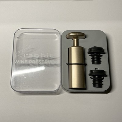 Rabbit Vacuum Pump Bottle Stopper Set Gold Black Metal Plastic 2 Stoppers