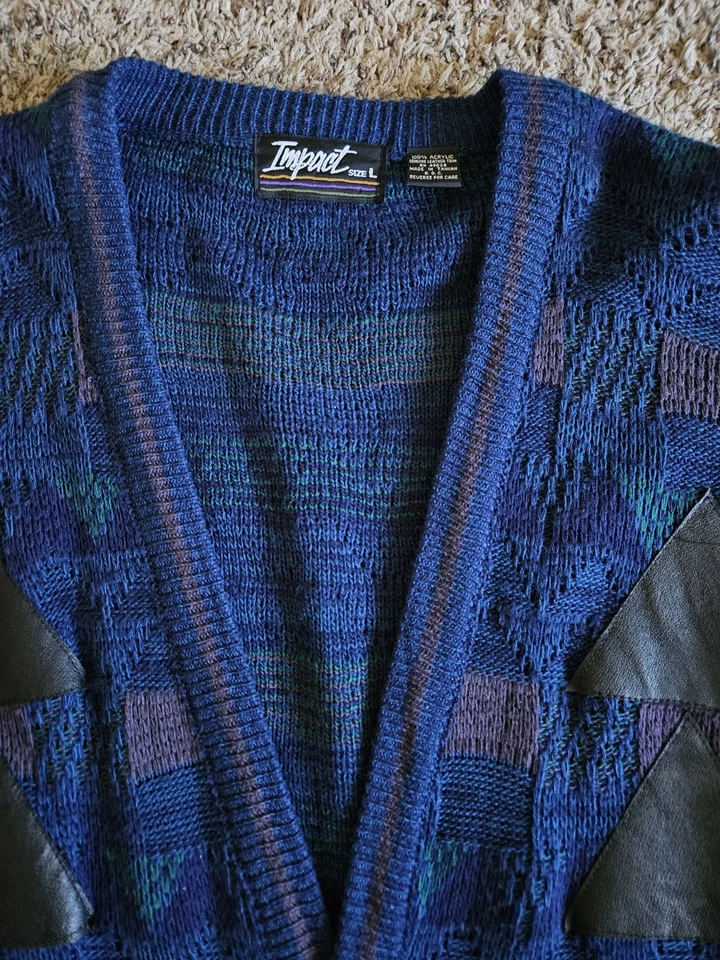 Cárdigan suéter vintage años 90 para hombre estampado azul triángulos de cuero grandes Foto 2 de 4