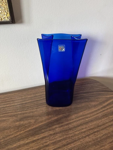 BLENKO 8813M COBALT BLUE 10 1/4” GLASS VASE PAPER BAG SHAPED STICKER Vintage