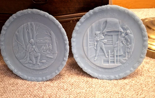 Set of 2 - Fenton Blue Milk Glass Plates #3  And  #4  Bicentennial 1776-1976