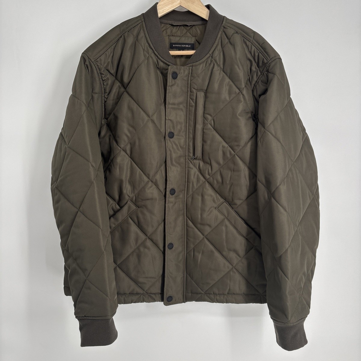 Banana Republic Jacket Mens Large Green Quilted Bomber Snap Front
