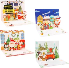 3D Pop up Christmas Greeting Cards, 4 Pack Xmas Gift Cards with Envelopes Santa 