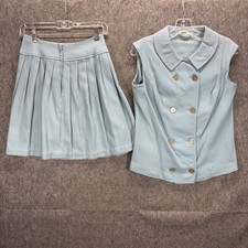 Vintage 1960s 2 Piece Set Double Breasted Top Pleated Mini Skirt Light Blue Mod