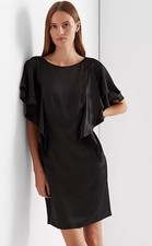 Ralph Lauren Black Dress 10 Satin Cocktail Flounced Shoulders Old Money Lux