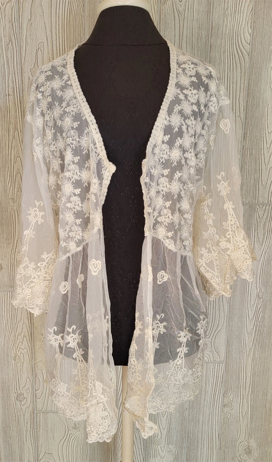 OFF WHITE Giacca Cover Up Victorian Trading Co Eleanor Pizzo Floreale Spolver XL Avorio 42D