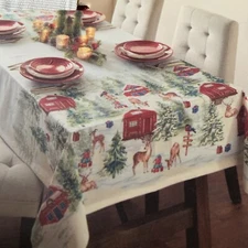 Cynthia Rowley Fabric Tablecloth Country Cabin Christmas Deer Presents 60"x84"