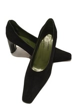 DONALD J. PLINER BLACK POINTED TOE SUEDE PUMPS SHINY HEEL SIZE 6.5 GOOD COND.