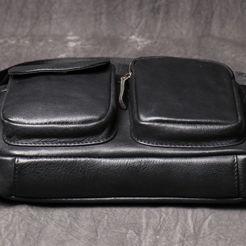 Men's Leather Crossbody Bag Black Multi-Pocket Shoulder Bag Travel Organizer - Picture 6 of 11