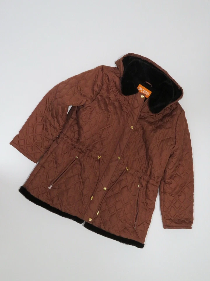 Chaqueta acolchada forrada de piel sintética marrón SPORTO con bolsillos y capucha extraíble talla 1X Foto 2 de 4