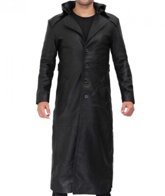 Mens Black Long Leather Hooded Coat Trench Matrix Coat Detachable