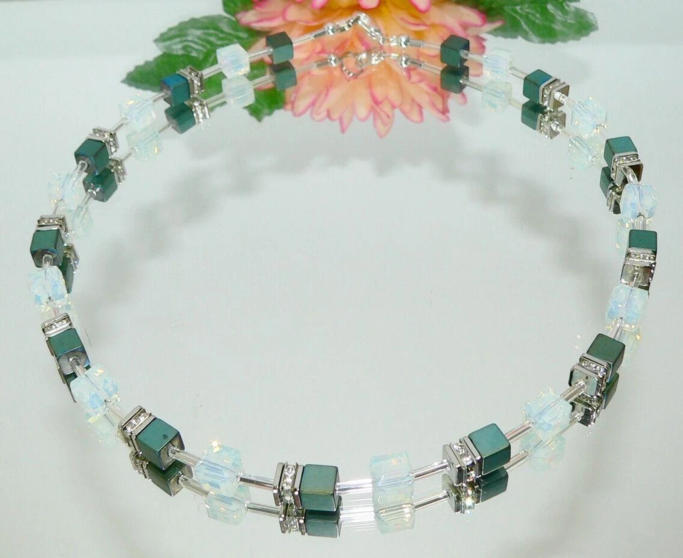 Halskette Würfelkette Würfel Cube Hämatit Petrol blau Opalith Glas Strass 064c - Bild 4 von 4
