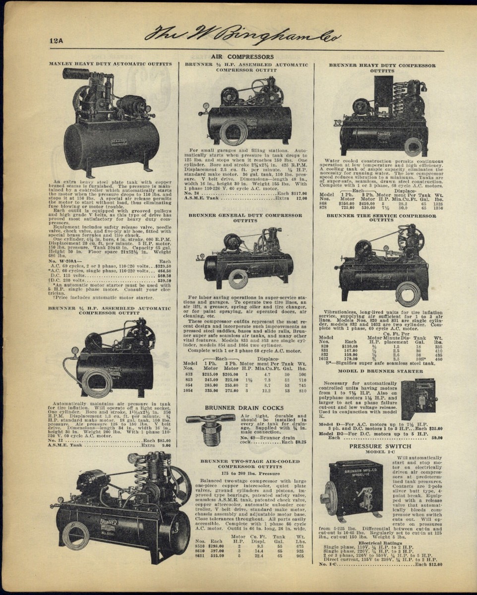 1931 PAPER AD Manley Brunner Air Compressor Heavy Duty Automatic