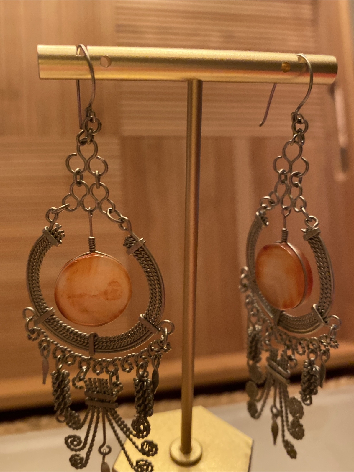 Dangle Earring Amber Gem Stone Silver Chainmail S… - image 5