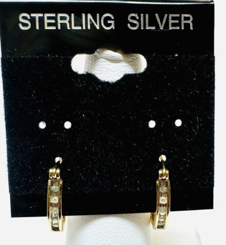Sterling Silver Vermeil Diamond Small Hoop Earrings 3/4” - Picture 1 of 3
