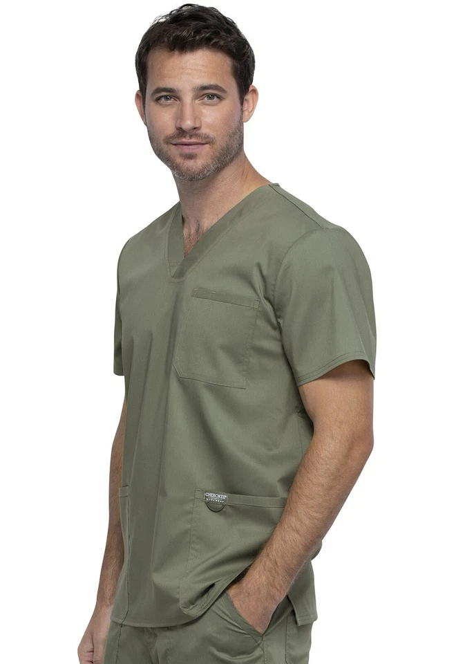 Cherokee Workwear Scrubs WW Revolution Men V Neck Top WW670 OLV Olive Free Ship - Image 3 of 4
