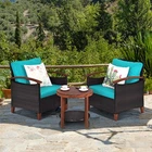 3PCS Patio Wicker Rattan Conversation Set Outdoor Furniture Set w/ Turquoise