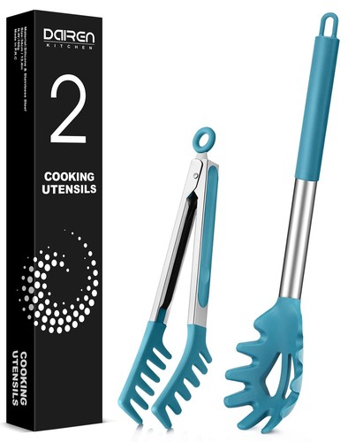 Spaghetti Spoon and Pasta Tong, Non-stick Silicone Spoon Server Fork with tee...