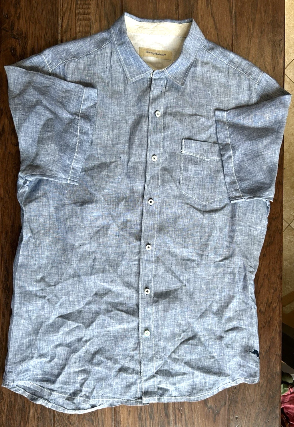 Tommy Bahama Blue 100% Linen Short Sleeve Button Up Shirt Men's L