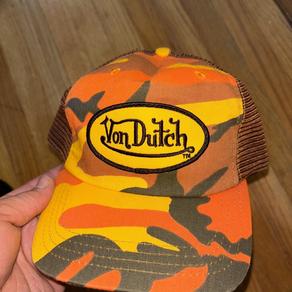 Von Dutch Trucker Hat Orange Yellow Camo Embroidered Logo Patch Snapback Cap USA - Image 2 of 4