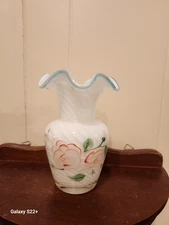 Vintage Fenton Optic Swirl Handpainted Ruffled Vase