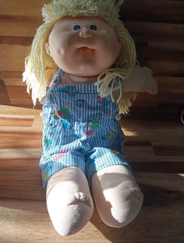 Cabbage Patch 1983- Blonde &Blue Eyes Doll- With Rare  Dino Overalls Navy Blue